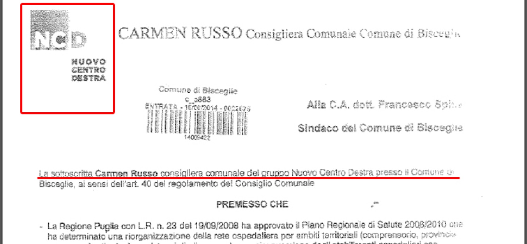 Carmen Russo lascia la Dc di Casella e passa in maggioranza con Ncd?