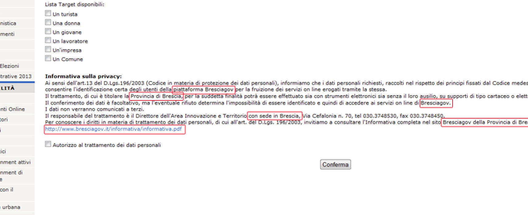 Errore sul sito web del Comune di Bisceglie? L’informativa privacy è a nome della Provincia di Brescia