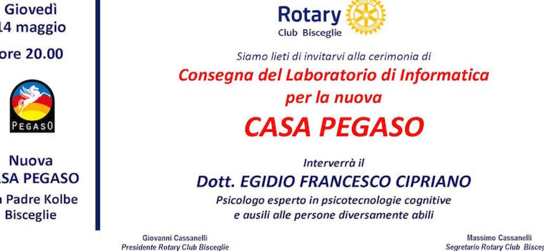 Rotary Club, domani la cerimonia di consegna del laboratorio informatico alla Casa Pegaso