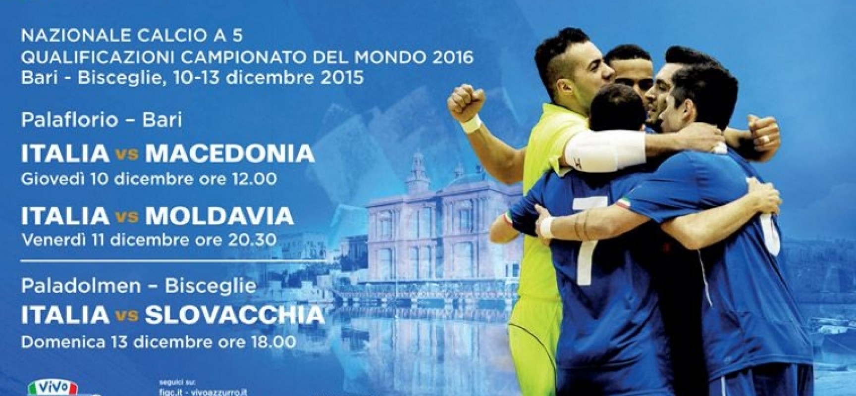 La Nazionale di calcio a 5 il 13 dicembre a Bisceglie per le qualificazioni ai Mondiali: PROGRAMMA