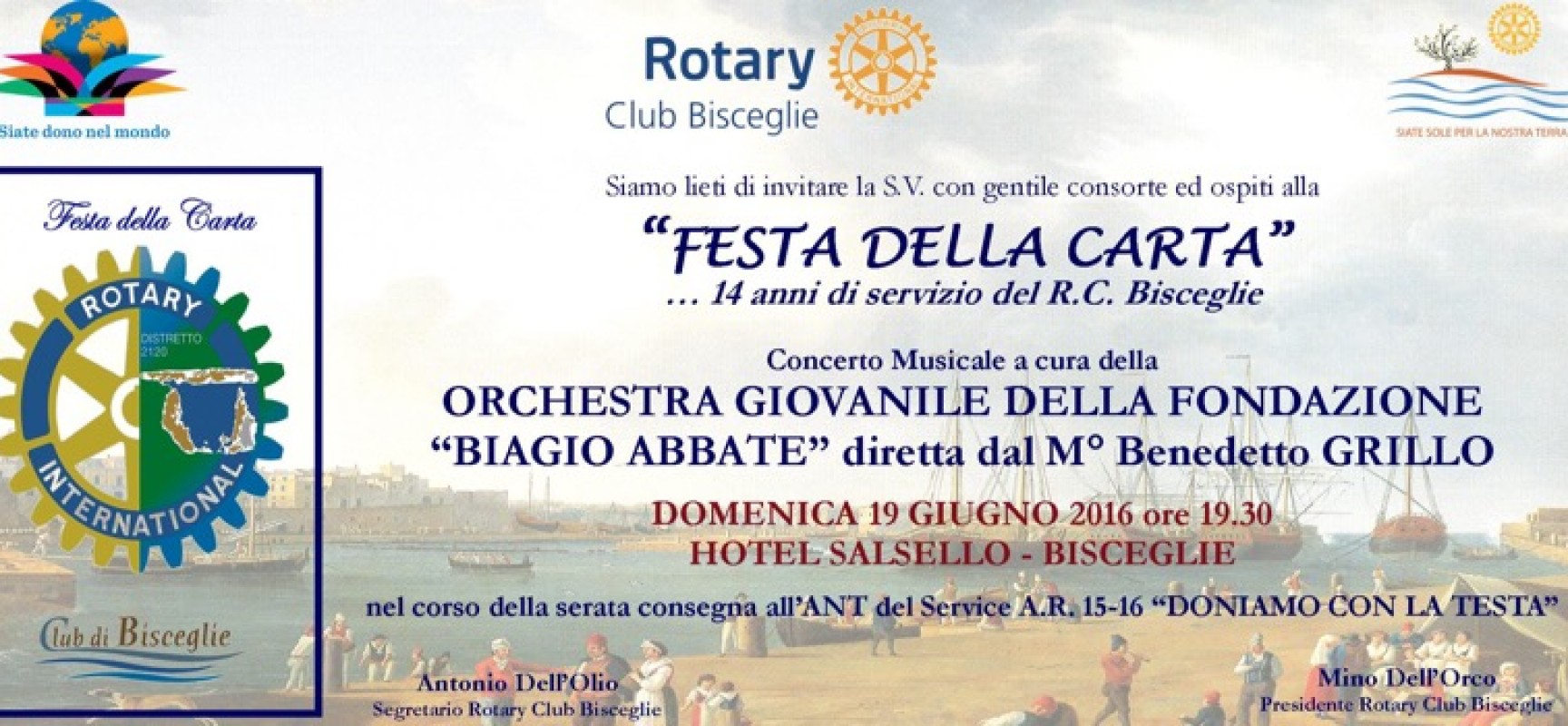 Il Rotary Club Bisceglie festeggia stasera i 14 anni con la festa della Carta