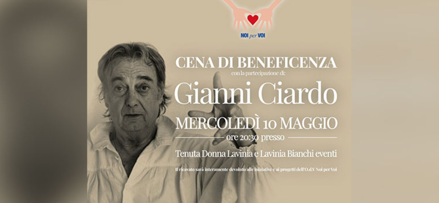 “Noi per Voi” organizza cena di beneficenza, Gianni Ciardo protagonista